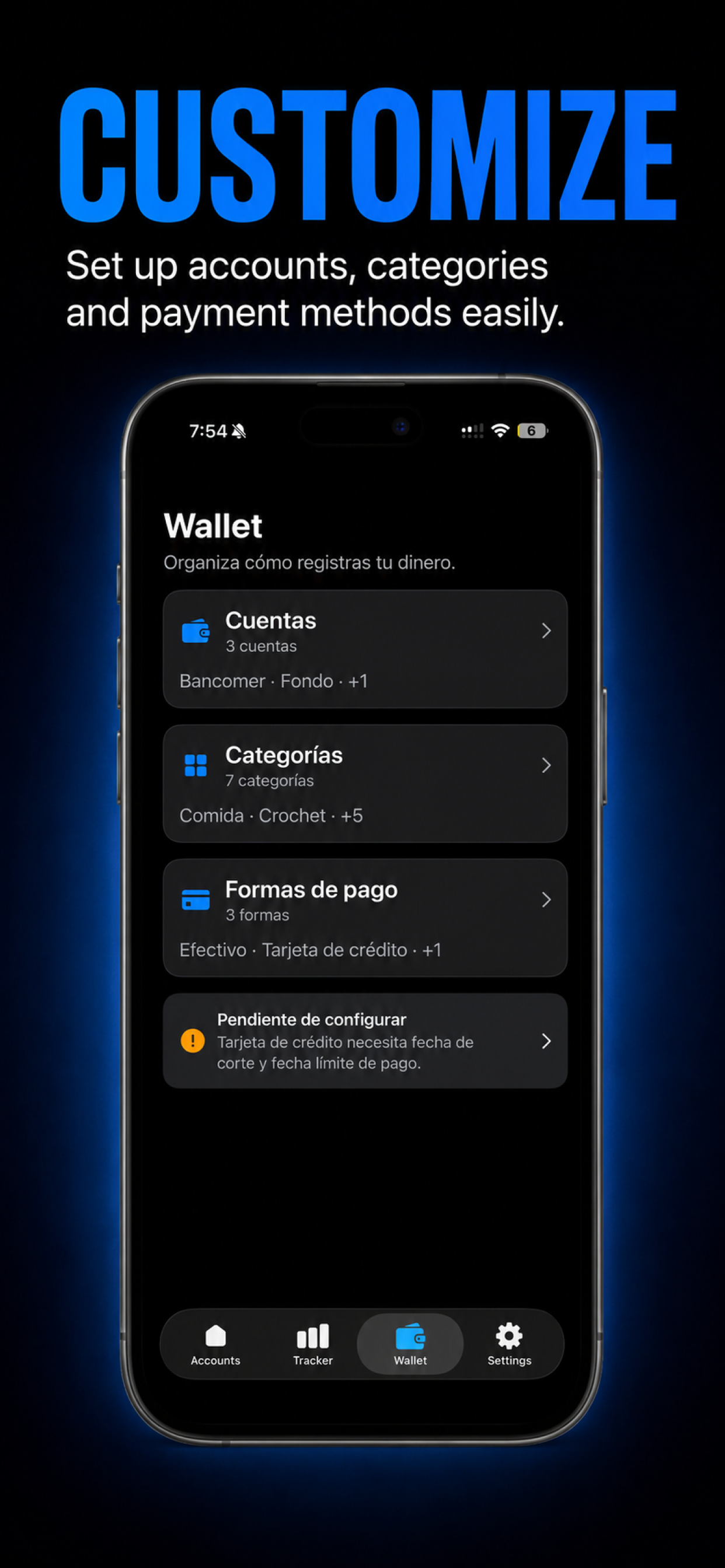 Balancea wallet configuration screen